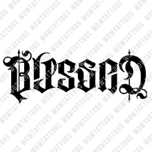 Load image into Gallery viewer, Blessed / Cursed Ambigram Tattoo Instant Download (Design + Stencil) STYLE: CASTLE ORNATE