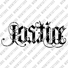Load image into Gallery viewer, Justice / Mercy Ambigram Tattoo Instant Download (Design + Stencil) STYLE: Custom